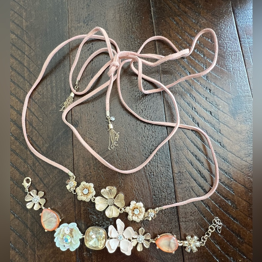 Pink suede leather cord floral statement necklace and bracelet set